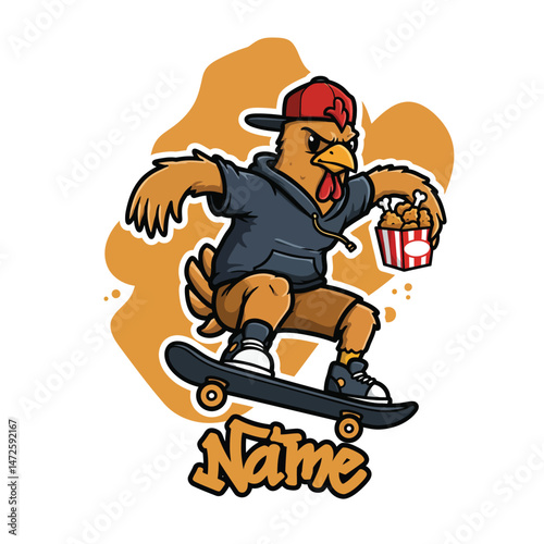 Cool Skater Chicken Mascot with Fried Chicken in Hand
