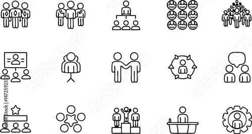 Teamwork Icon Set: A minimalist icon collection representing collaboration, unity, and business success, with clean lines and easily recognizable symbols. 