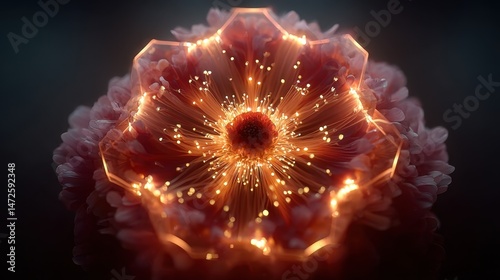 a flower blooming in time-lapse made from hexagon light modules instead of petals 