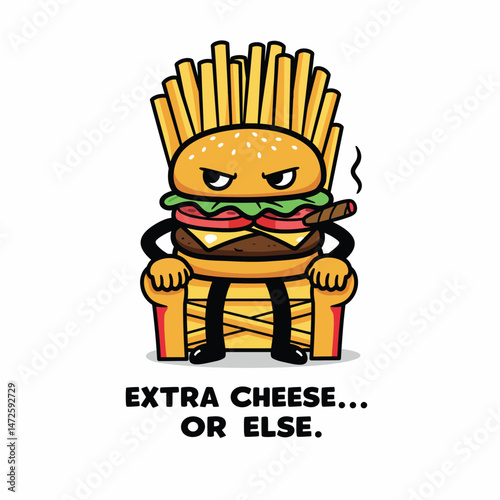 A angry vintage mascot burger holding in a throne , blending fun and nostalgia. Perfect for food lovers and collectors of quirky retro art!

