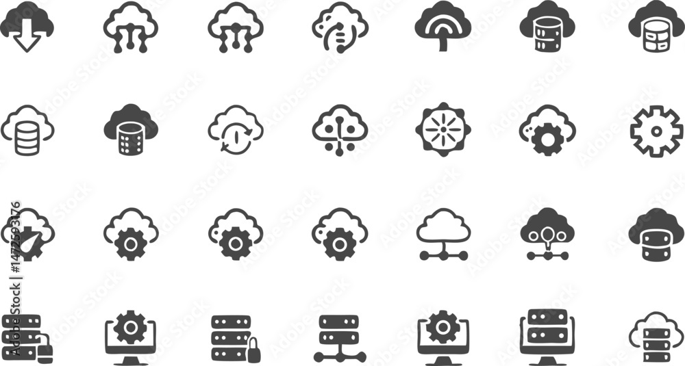 Cloud Computing Icons: A comprehensive set of cloud computing icons, depicting various aspects of cloud technology, including data storage, networking, and security. Cloud Computing Icons: A comprehensive set of cloud computing icons, depicting various aspects of cloud technology, including data storage, networking, and security.