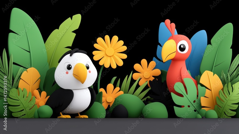 Obraz premium Cute Cartoon Birds Tropical Paradise 3D Render