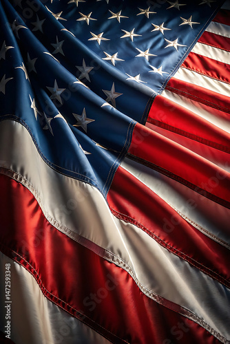 Close up view of the american flag with vibrant colors and flowing textures.