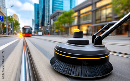 Wallpaper Mural Street cleaning brush on urban tram tracks with city buildings and tram in background, showing modern city maintenance Torontodigital.ca