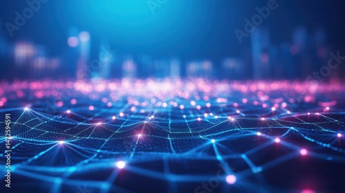 Digital tech roadmap for business progress. Cityscape background with glowing lines representing data flow. Modern tech integration. Organizational innovation visualized. Business modernization