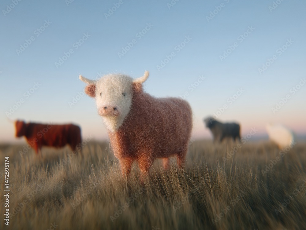 Obraz premium Fluffy highland cattle graze peacefully in a grassy field under a pastel sky, creating a serene rural scene.