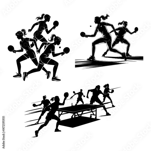 Table Tennis Players Silhouette Vector – Sports Action Illustration in Black and White