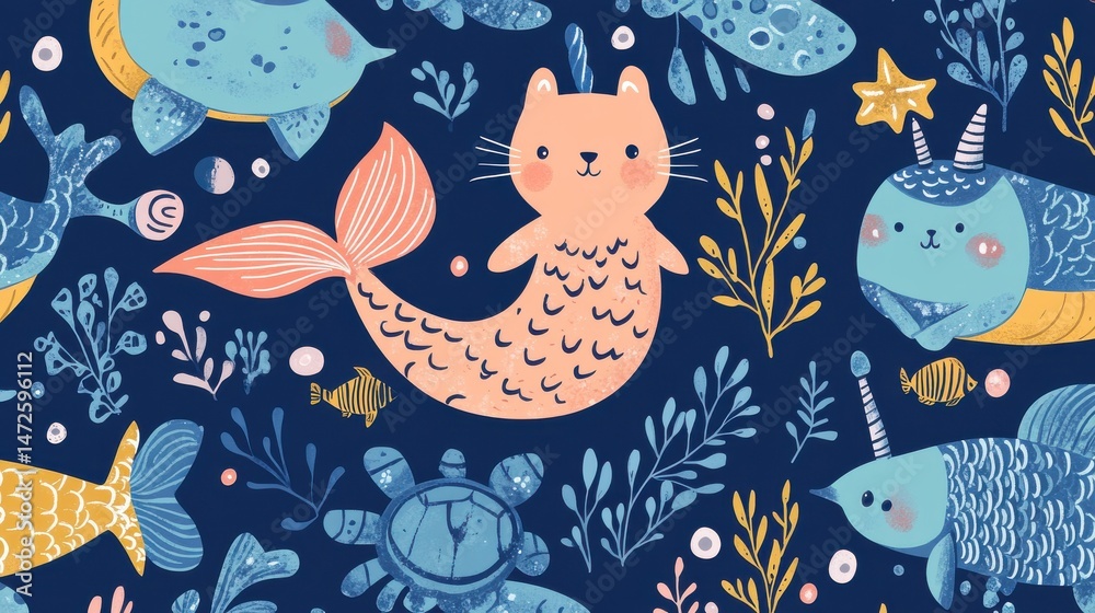 Fototapeta premium Mermaid seamless pattern. Narwhal and turtle, cartoon cat with fish tail. Cute sea creature, fabric print with beautiful mythical creatures, nowaday vector background illustration , no logos, no bran