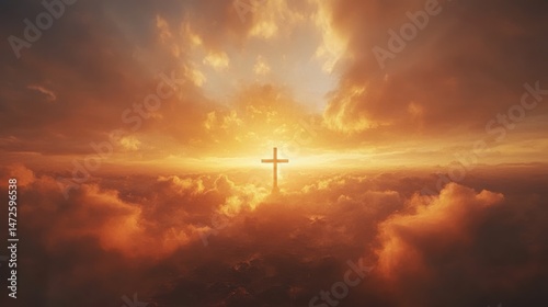 A silhouette of a cross against a radiant sunrise in a cloudy sky.