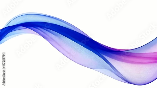 Abstract translucent ribbon flows, blending blue, purple, and pink hues on a white background, revealing a fine mesh texture