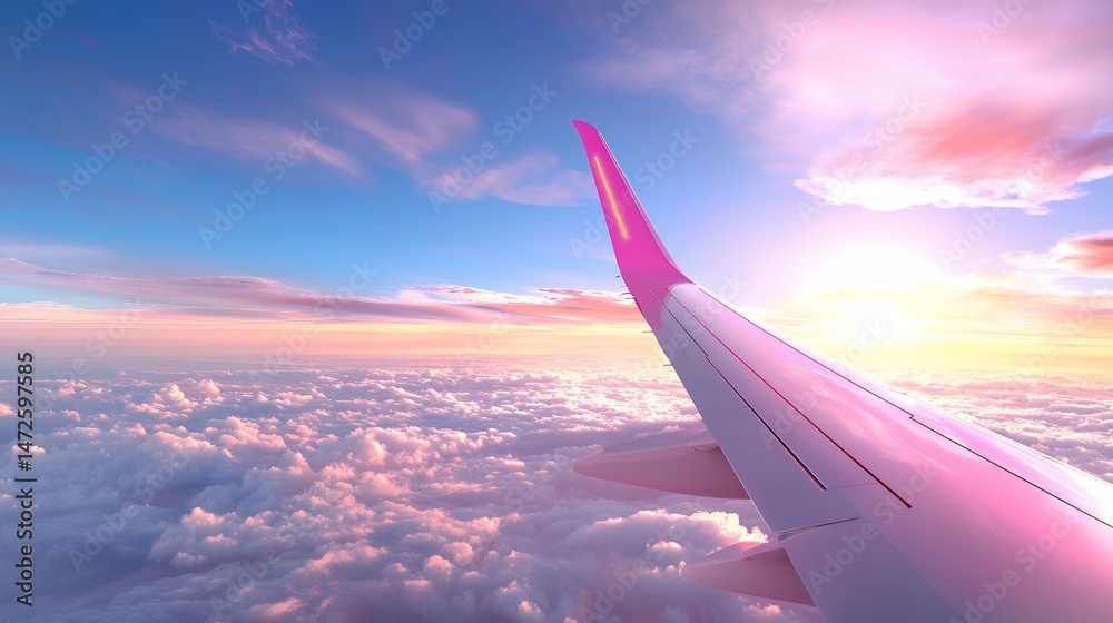 Obraz premium Airplane Wing Soaring Above Clouds at Sunset