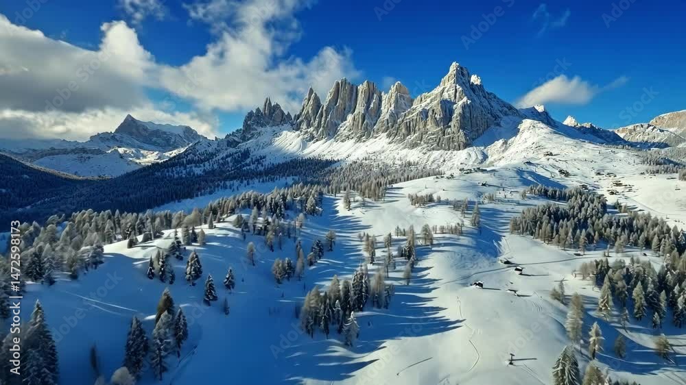 Panoramic snowy mountains landscape with trees.