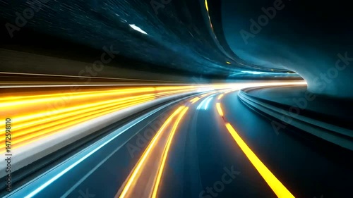 Abstract depiction of high-speed motion through a futuristic, illuminated tunnel, conveying energy and velocity