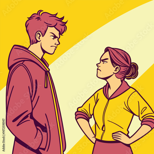 young couple angry characters pop art style