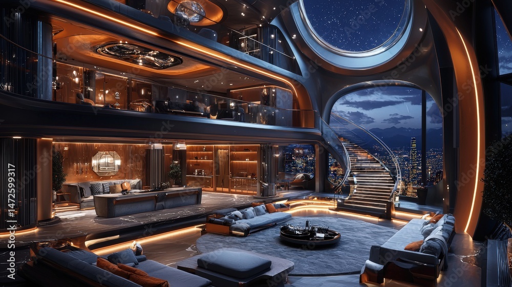 Fototapeta premium Luxurious, futuristic penthouse interior design.