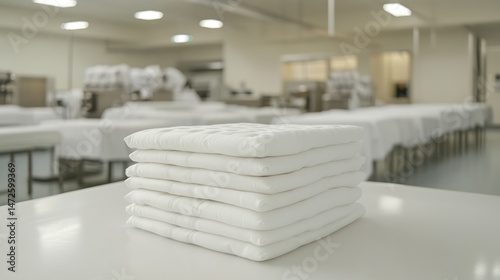 Clean, folded white linens stacked on a table in a sterile factory.  Stacks of pristine white cloths in a modern production facility