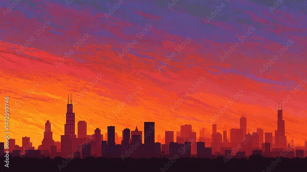 Fototapeta premium Vibrant Vector City Skyline at Sunset with Gradient Sky Colors