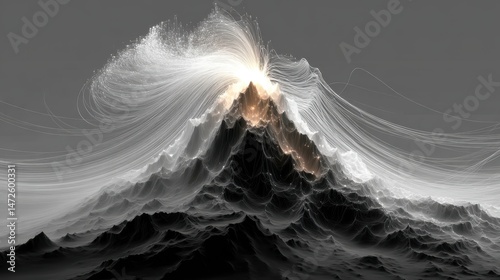 an abstract volcano erupting glowing data streams instead of lava, clean white environment 