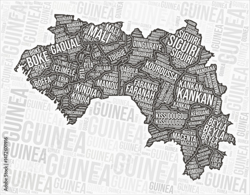 Guinea regions map word cloud. Guinea region names. Black and white map design. Elegant vector illustration.