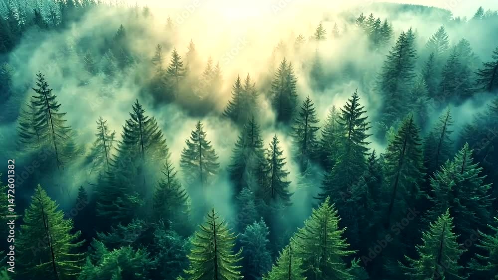 Sunlit fog blankets a vast coniferous forest, an aerial perspective revealing green tree canopies emerging from mist