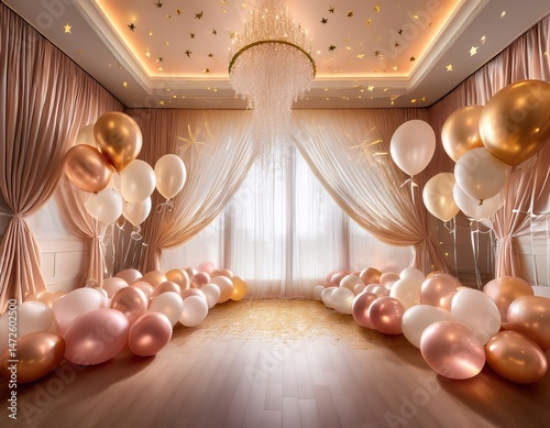 Elegant Party Room Decor Rose Gold Balloons and Sheer Curtains create a Luxurious Festive Atmosphere