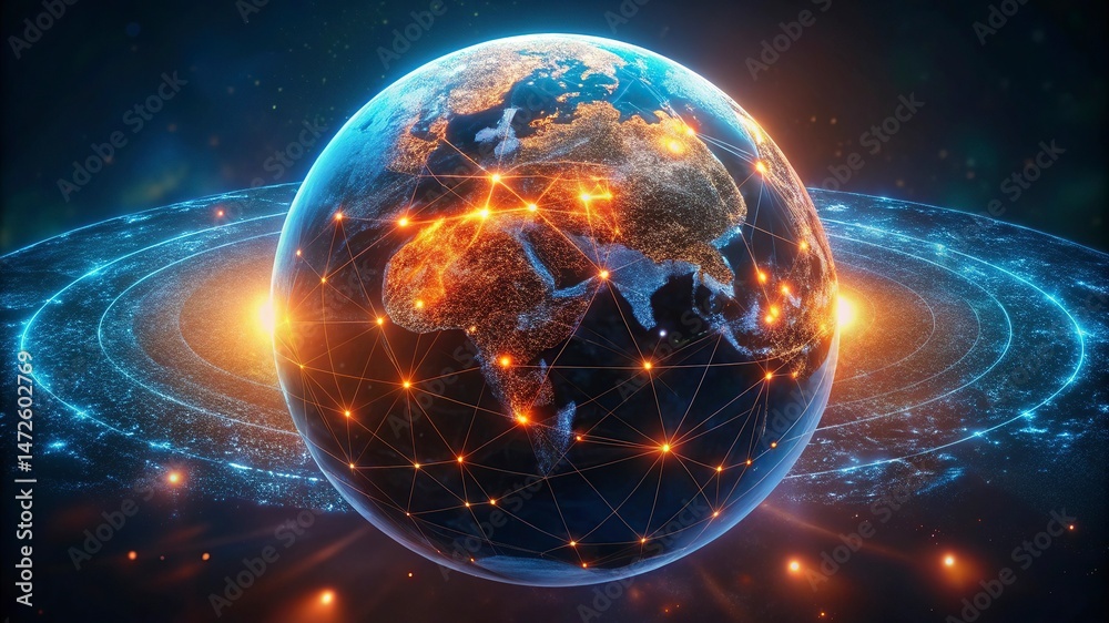 Obraz premium World map on a technological background, glowing lines symbols of the Internet, radio, television, mobile and satellite communications.Global network connection over the world.