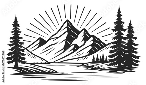 Vector Mountain Logo: Vector Sunburst, Trees & Lake Illustration On a white background