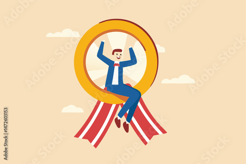 Self promotion, encouragement and motivate yourself for positive thinking and achieve success, happy businessman sitting on award winning medal thumbs up himself.