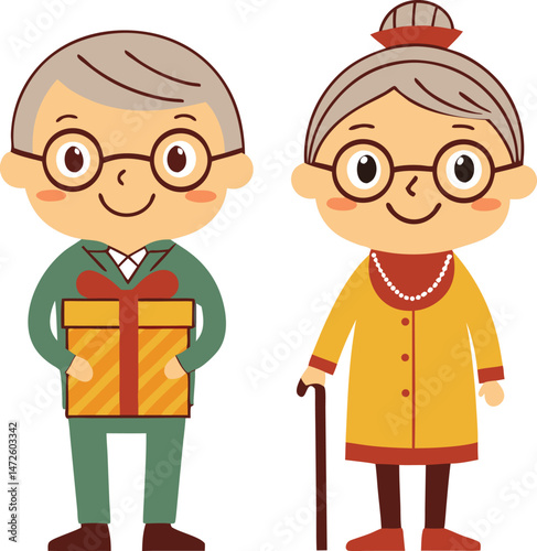 Cartoon grandfather presents a wrapped gift while his wife holds cane isolated on transparent background