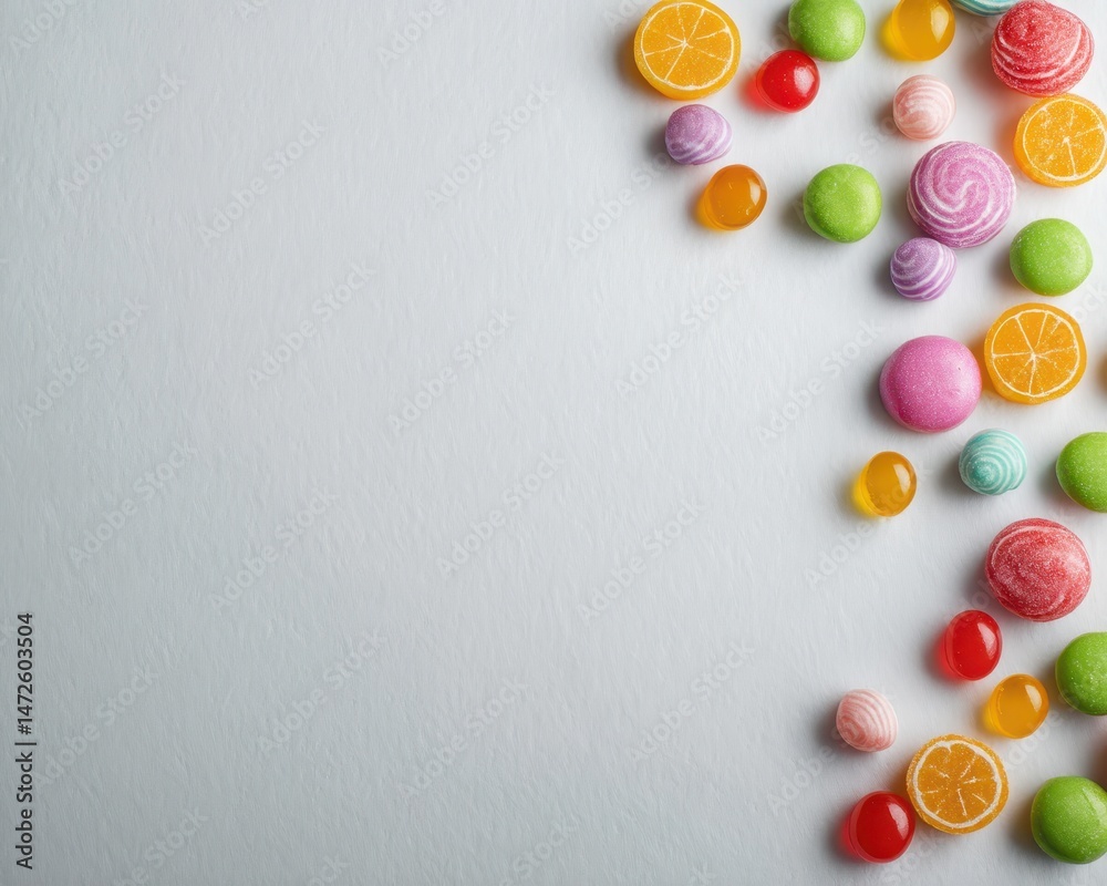 Obraz premium Colorful assortment of candies arranged on a light background.