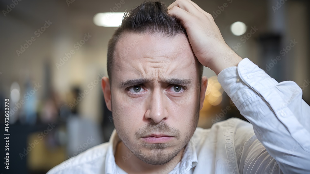 Obraz premium A close-up portrait of a man looking perplexed while scratching his head