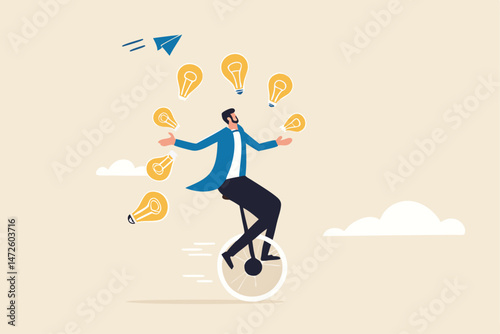 Creativity and ideas, innovation or skill to success in business, skillful businessman riding unicycle juggling lightbulb lamp metaphor of plenty ideas.