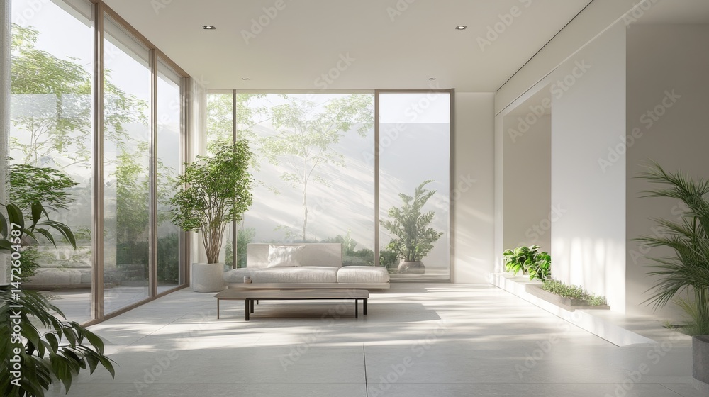 Fototapeta premium Modern minimalist home with large windows, flooded with natural light. White walls, plants, and a simple table create a serene and spacious feel.