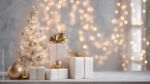 Minimal White and Gold Christmas Scene with Gifts and Tree