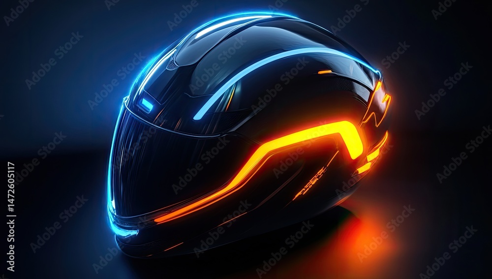 Obraz premium Futuristic helmet with vibrant neon accents. Sleek, dark design with glowing blue and orange lines. Advanced technology
