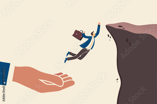 Business support to success, mentorship and motivation to overcome business obstacle, career growth concept, confidence businessman jumping from helping giant hand to reach cliff target.