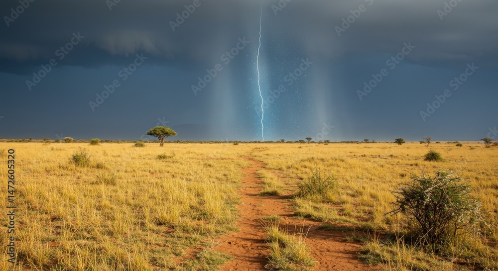 Fototapeta premium Image of weather anomalies. Lightning strike in a dry savanna landscape