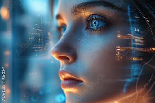 Future technology, a humanoid android from science fiction, A close-up photo of an android's face with a beautiful female face looking at a digital screen. Digital characters appear on the face.