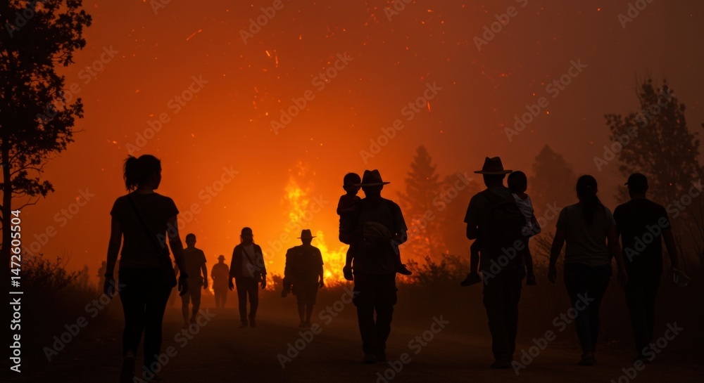 Fototapeta premium Image of weather anomalies. People evacuating from wildfire against orange smoke and flames