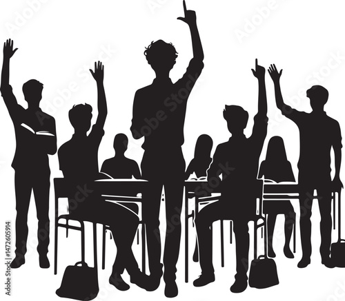 Silhouettes of students in a classroom setting, raising their hands to answer questions.