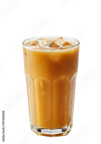 Iced coffee in a tall glass with condensation, on a black backdrop. Refreshing and cool