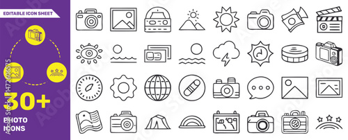 Editable Photography and Camera Icon Set – 30+ Vector Line Icons for Photo Equipment and Tools
