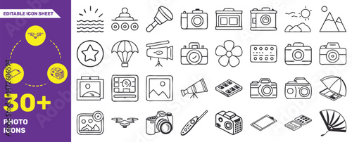 Editable Photography and Camera Icon Set – 30+ Vector Line Icons for Photo Equipment and Tools