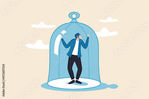 Business stagnation with no growth, obstacle or limitation in career development, punishment with no freedom in business concept, depressed businessman imprison or covered in small glass dome.