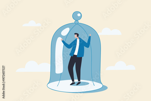 Business stagnation with no growth, obstacle or limitation in career development, punishment with no freedom in business concept, depressed businessman imprison or covered in small glass dome.
