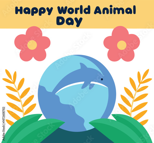 Joyful World Animal Day shows a dolphin silhouette swimming across the earth
