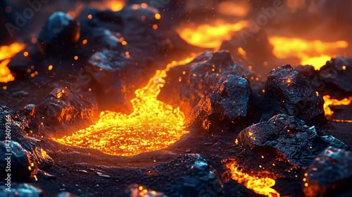 Volcanic landscape with lava flow and rocks