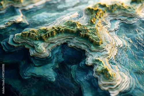Topographic coastal mapping with precise elevation contours created by geographers. Scientific terrain data visualization for earth science presentations and environmental research applications. photo