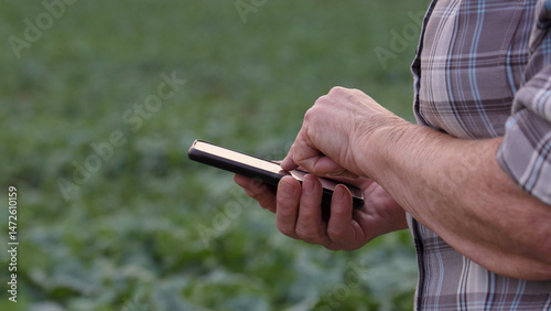 Farmer holding smartphone browses an app, checking weather forecasts, crop data, or market prices while standing in a cultivated field, integrating technology into agriculture