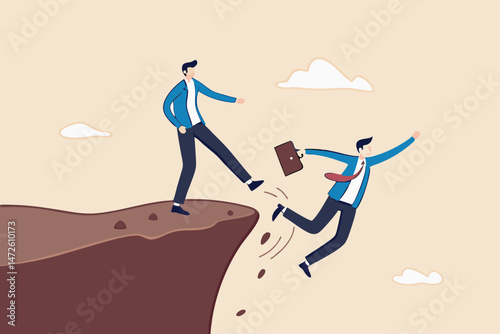 Business dishonesty, betrayal or jealousy colleague, career competitor or cheating concept, businessman kick business partner fall off the cliff.